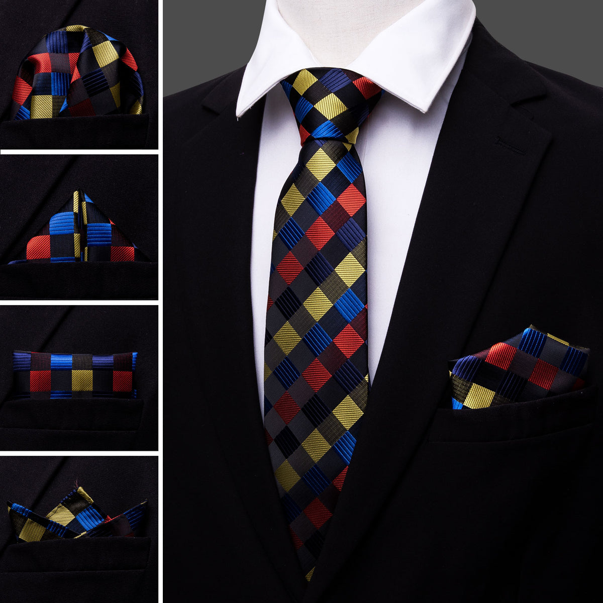Red Yellow Blue Plaid Tie, Pocket Square and Cufflinks Set tie sets - Sophisticated Gentlemen