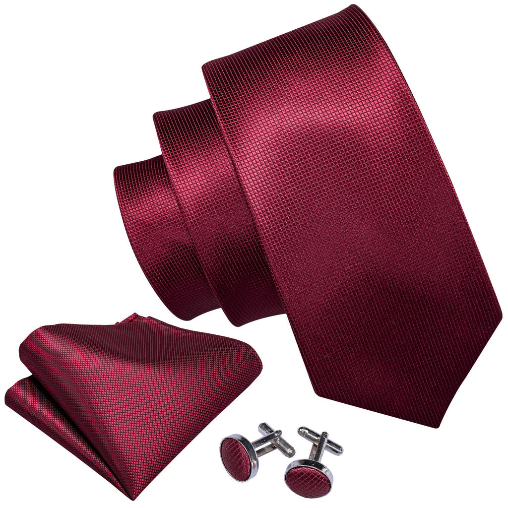 Burgundy Red Solid Silk Tie, Pocket Square and Cufflinks Set tie sets - Sophisticated Gentlemen