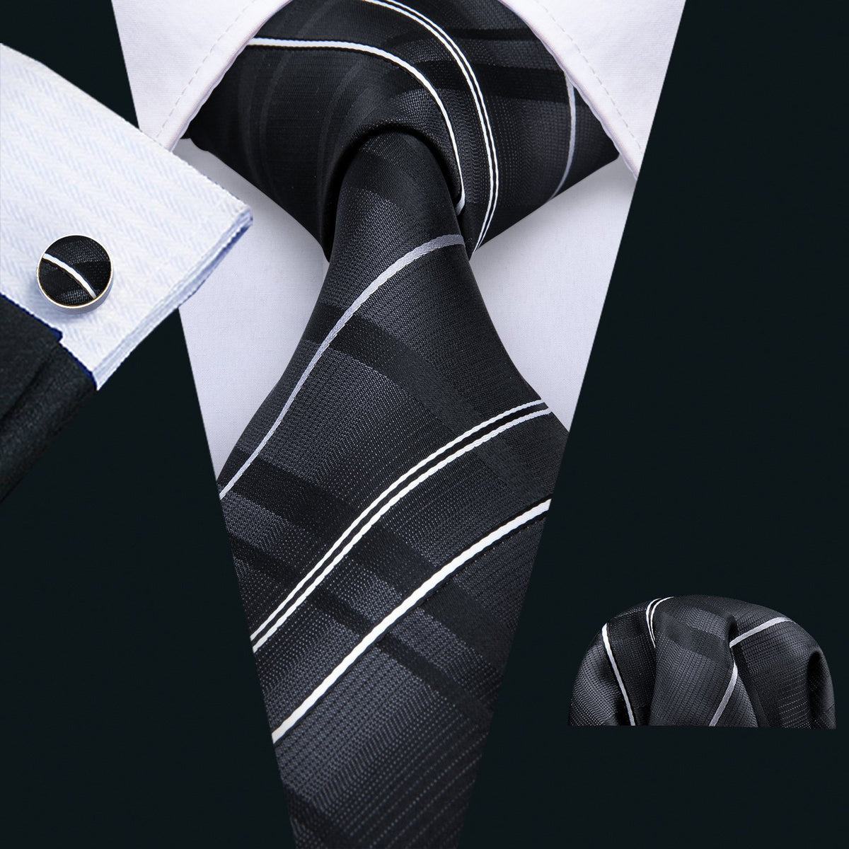Black Silver Gray Striped Silk Tie, Pocket Square and Cufflinks Set tie sets - Sophisticated Gentlemen