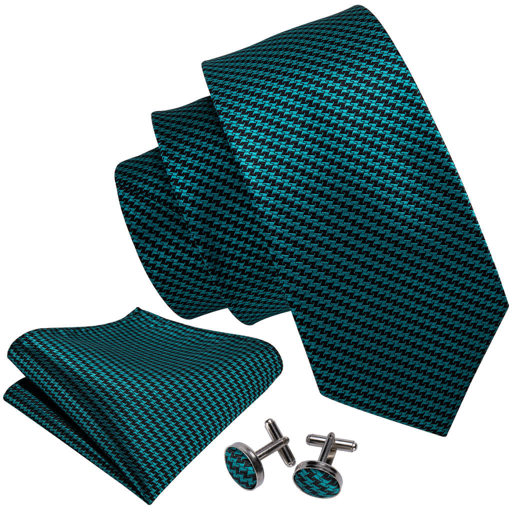 Turquoise Houndstooth Silk Tie, Pocket Square and Cufflinks Set tie sets - Sophisticated Gentlemen