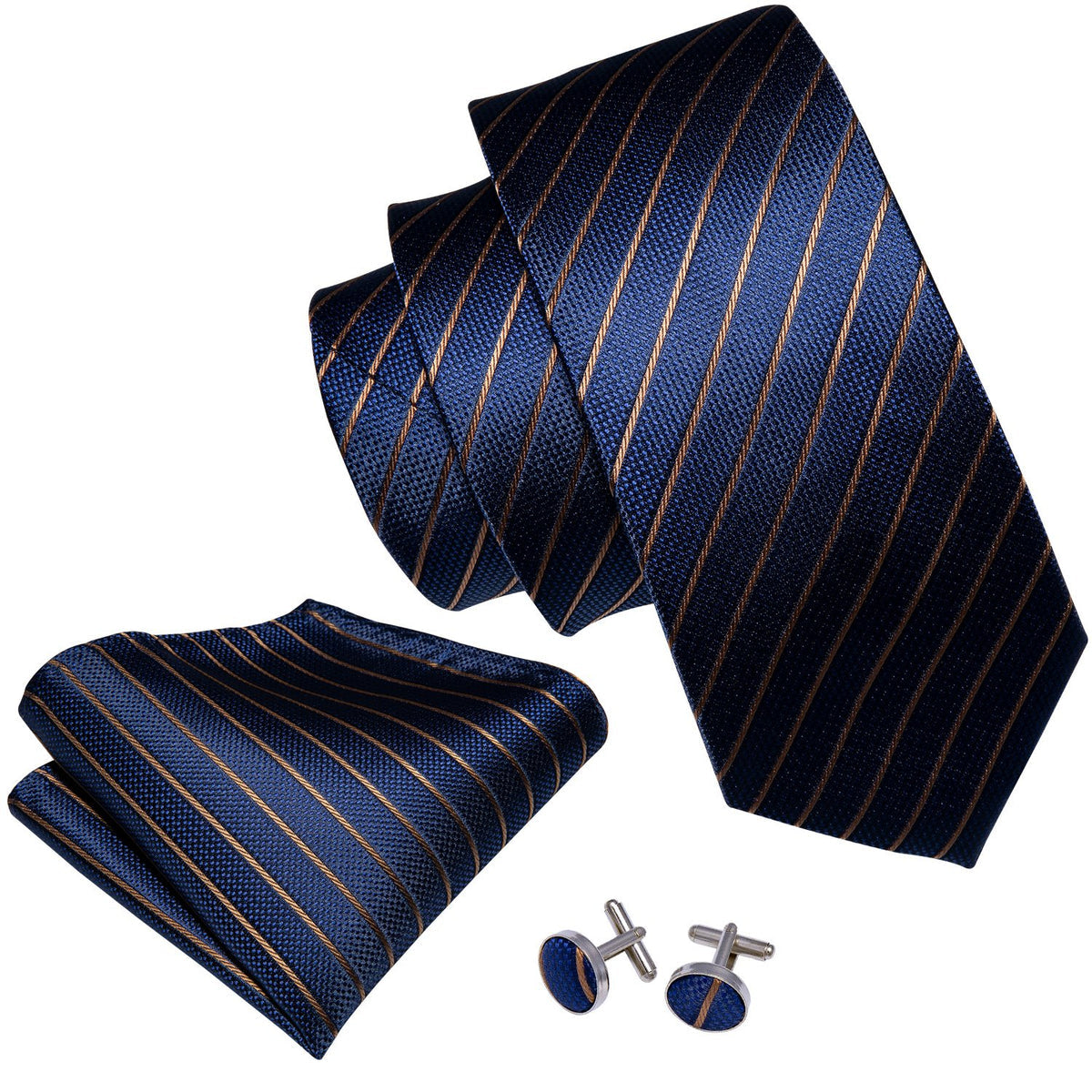 Deep Blue Gold Striped Silk Tie, Pocket Square and Cufflinks Set tie sets - Sophisticated Gentlemen