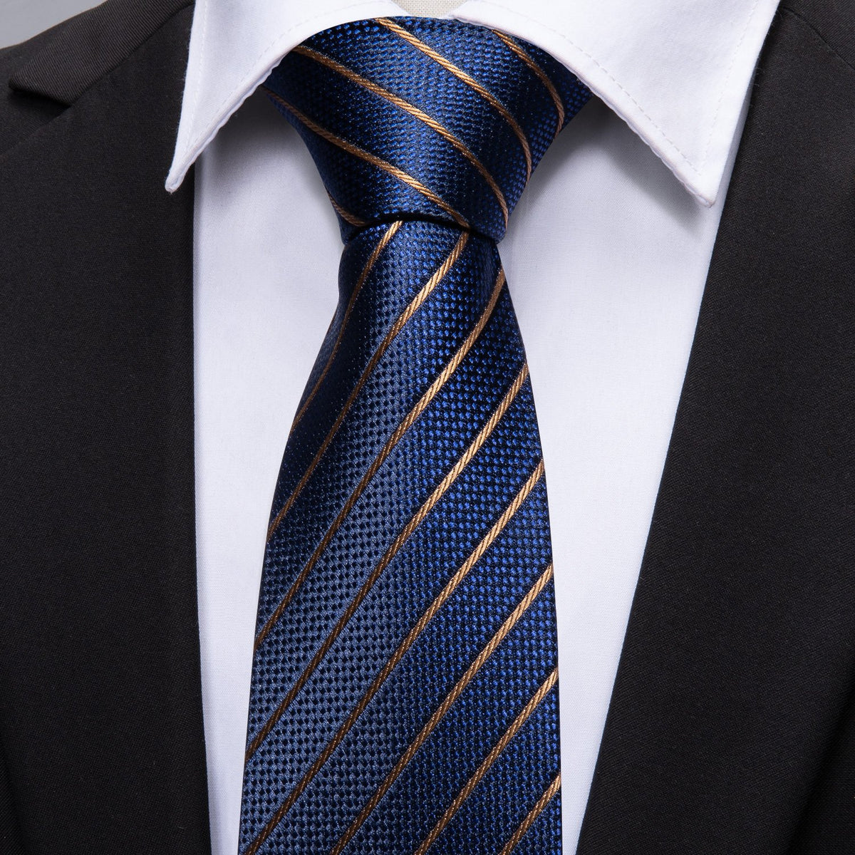 Deep Blue Gold Striped Silk Tie, Pocket Square and Cufflinks Set tie sets - Sophisticated Gentlemen