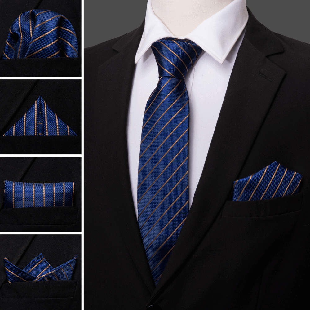 Deep Blue Gold Striped Silk Tie, Pocket Square and Cufflinks Set tie sets - Sophisticated Gentlemen