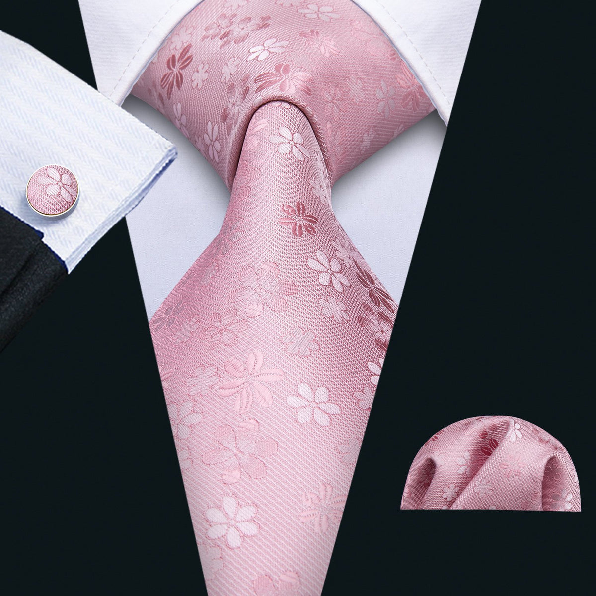 Pink Sakura Floral Silk Tie, Pocket Square and Cufflinks Set tie sets - Sophisticated Gentlemen