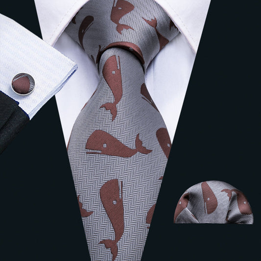 Gray Red Whale Novelty Silk Tie, Pocket Square and Cufflinks Set tie sets    - Sophisticated Gentlemen