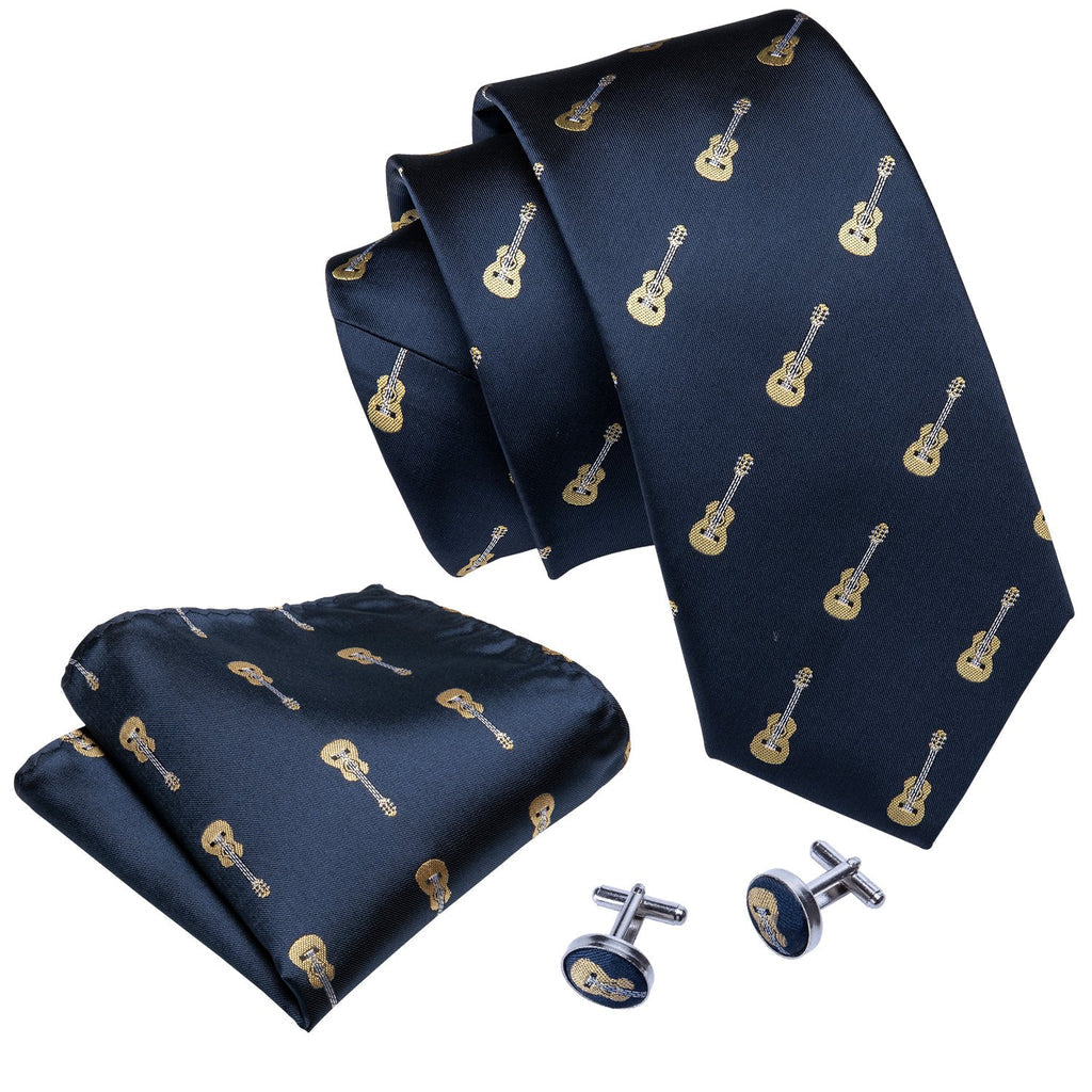 Blue Guitar Novelty Silk Tie, Pocket Square and Cufflinks Set tie sets - Sophisticated Gentlemen