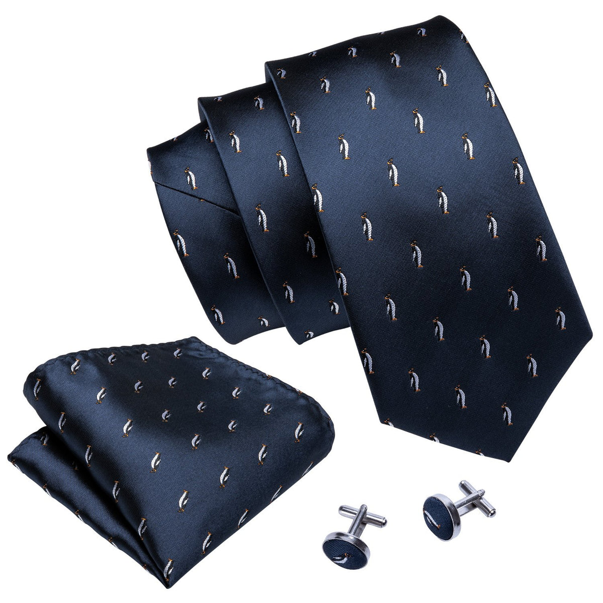 Blue Penguin Novelty Silk Tie, Pocket Square and Cufflinks Set tie sets - Sophisticated Gentlemen