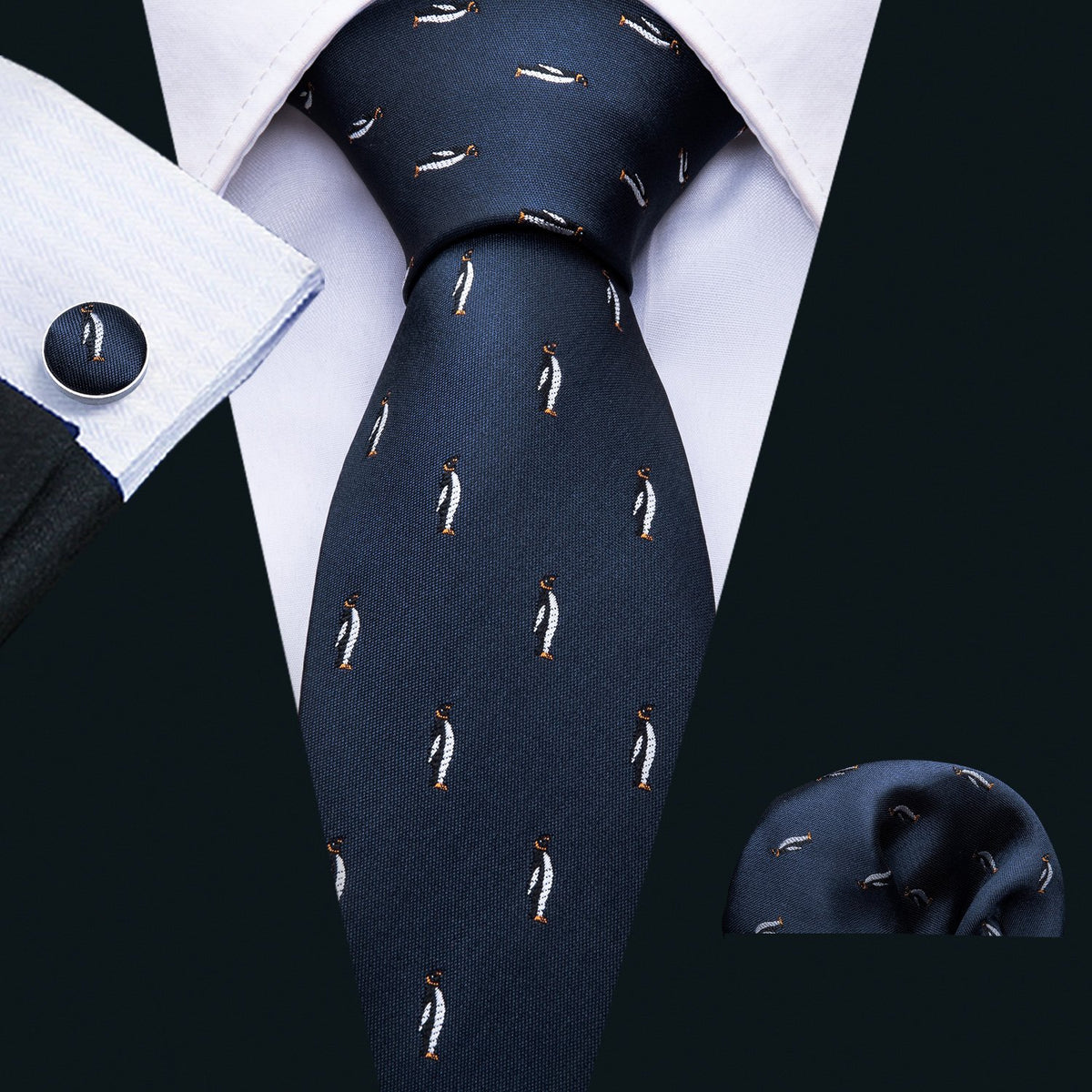 Blue Penguin Novelty Silk Tie, Pocket Square and Cufflinks Set tie sets - Sophisticated Gentlemen