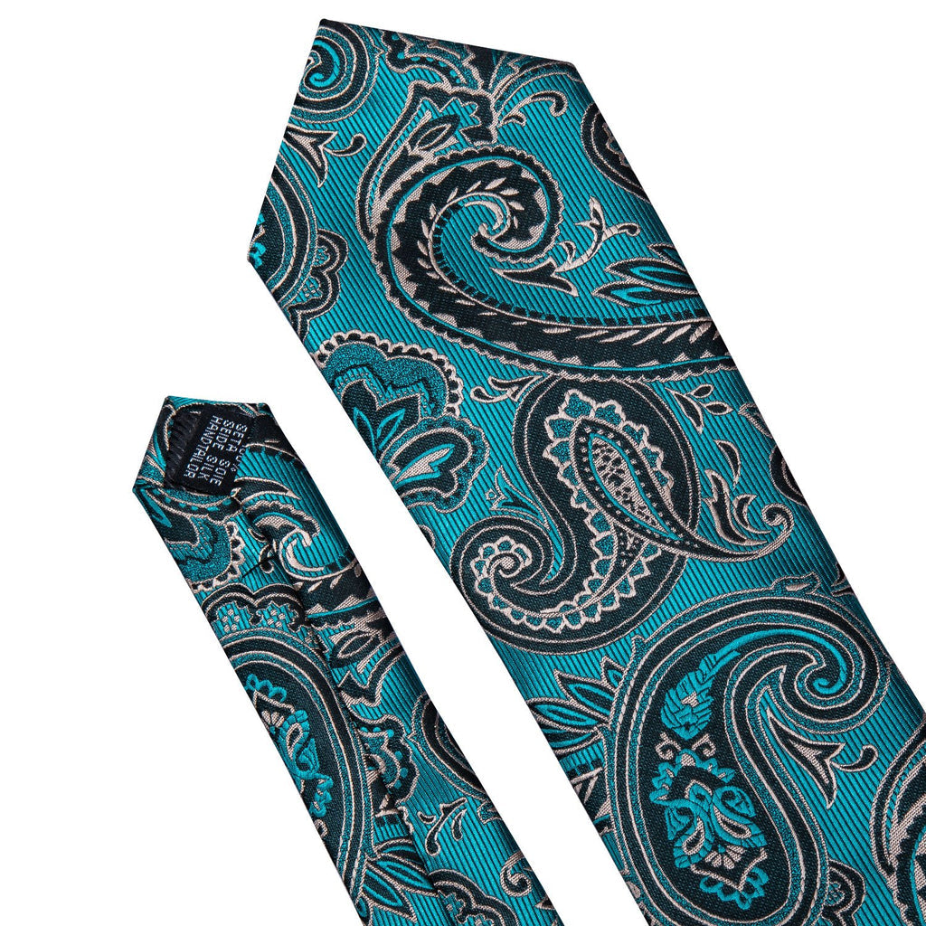 Blue Turquoise Black Paisley Tie, Pocket Square and Cufflinks Set tie sets - Sophisticated Gentlemen