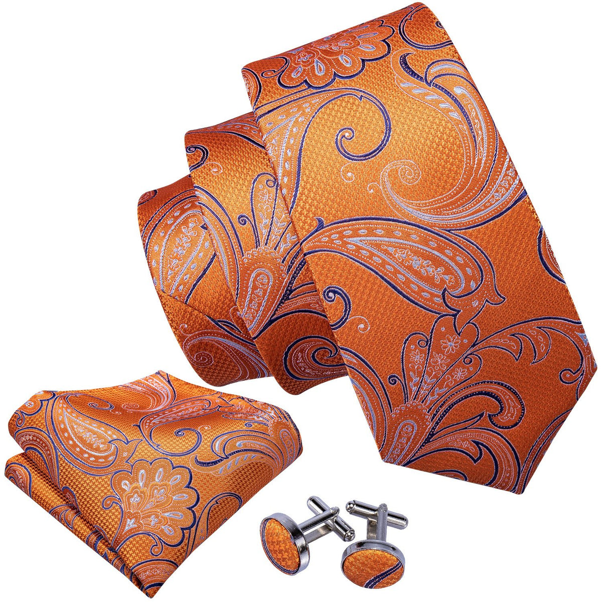Orange Blue Paisley Tie, Pocket Square and Cufflinks Set tie sets - Sophisticated Gentlemen