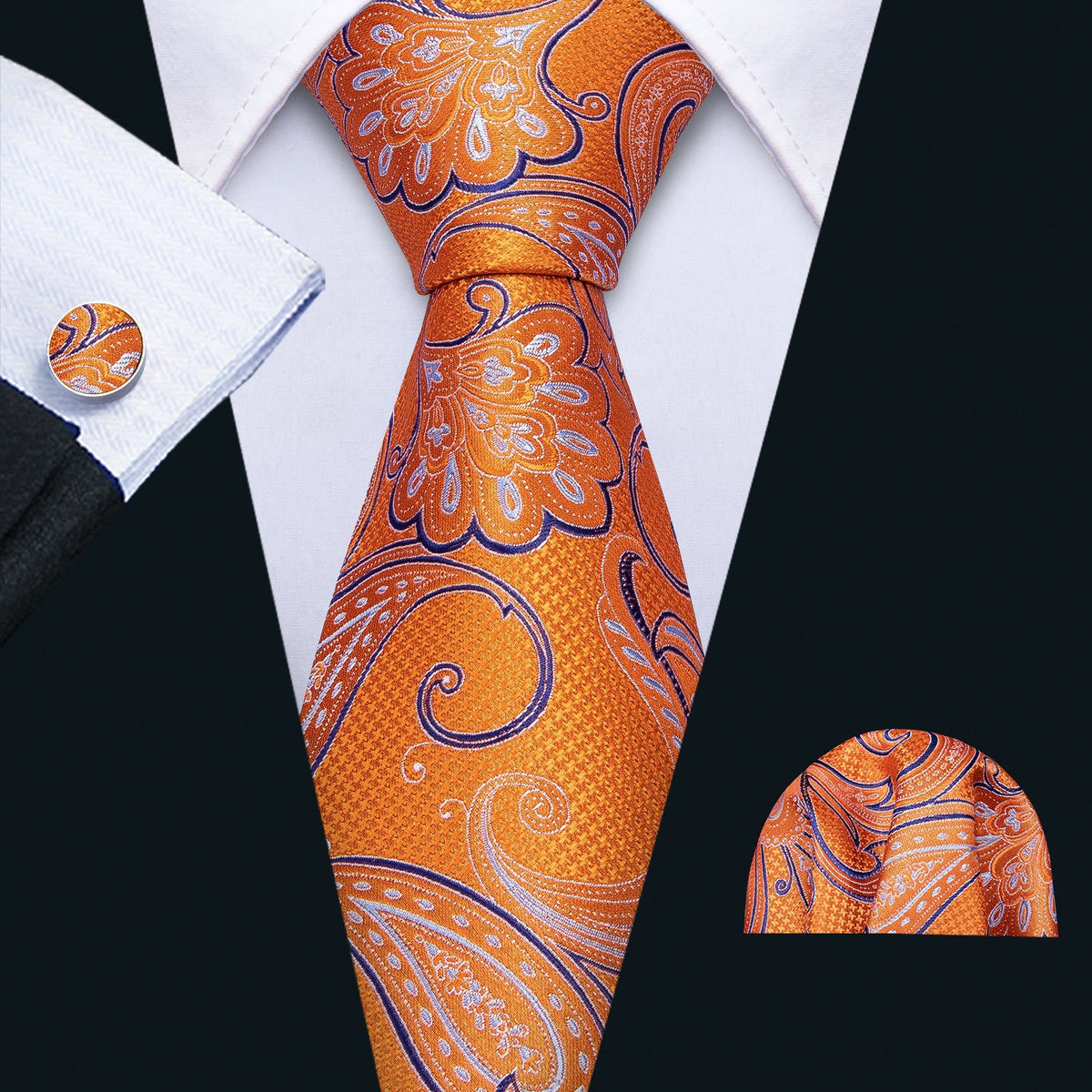 Orange Blue Paisley Tie, Pocket Square and Cufflinks Set tie sets - Sophisticated Gentlemen