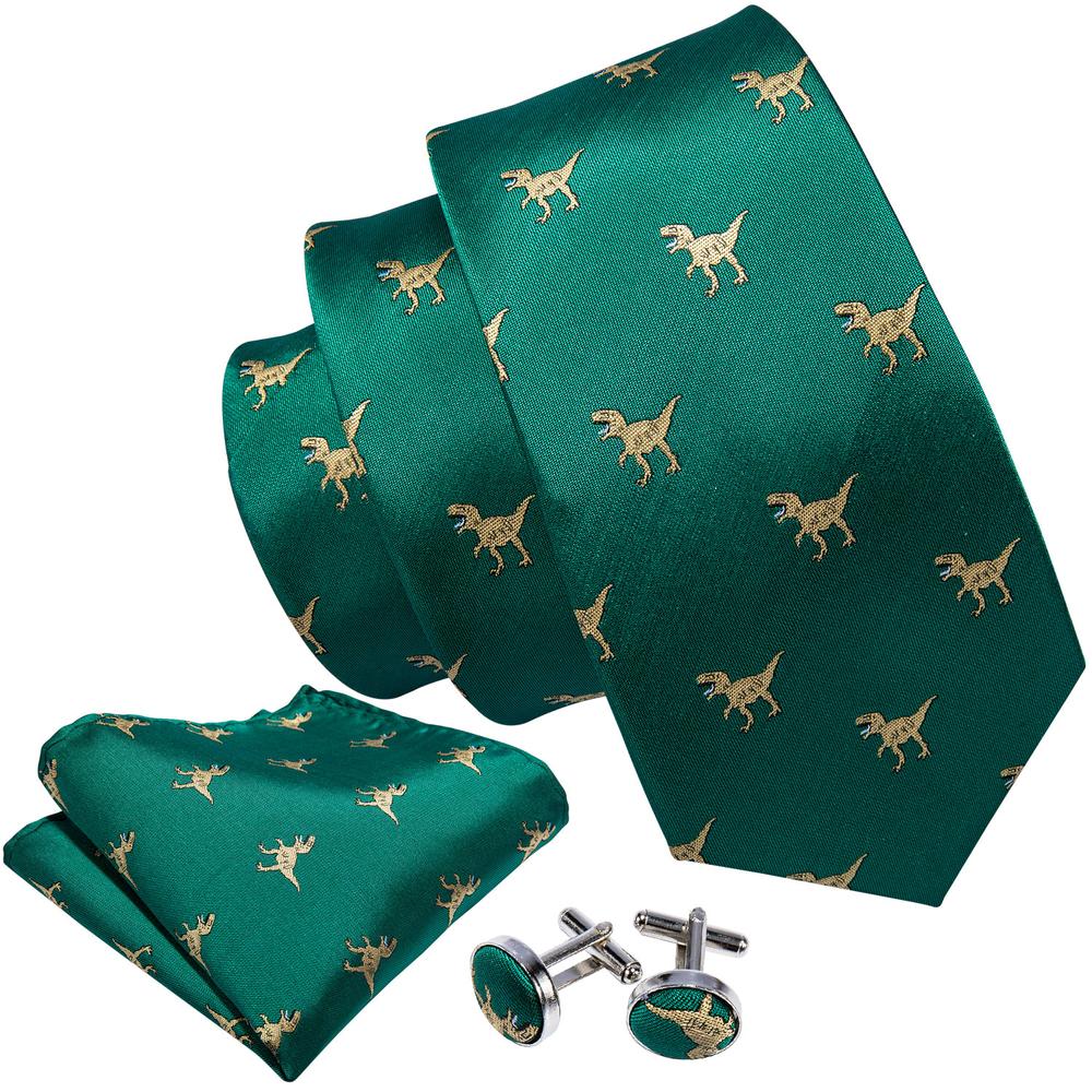 Green Jacquard Dinosaur Silk Tie, Pocket Square and Cufflinks Set tie sets - Sophisticated Gentlemen