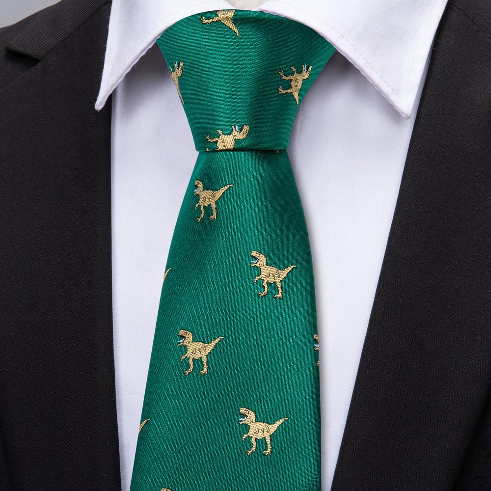 Green Jacquard Dinosaur Silk Tie, Pocket Square and Cufflinks Set tie sets - Sophisticated Gentlemen