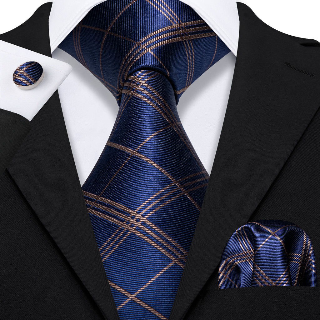 Deep Blue Gold Stripe Plaid Tie, Pocket Square and Cufflinks Set tie sets - Sophisticated Gentlemen