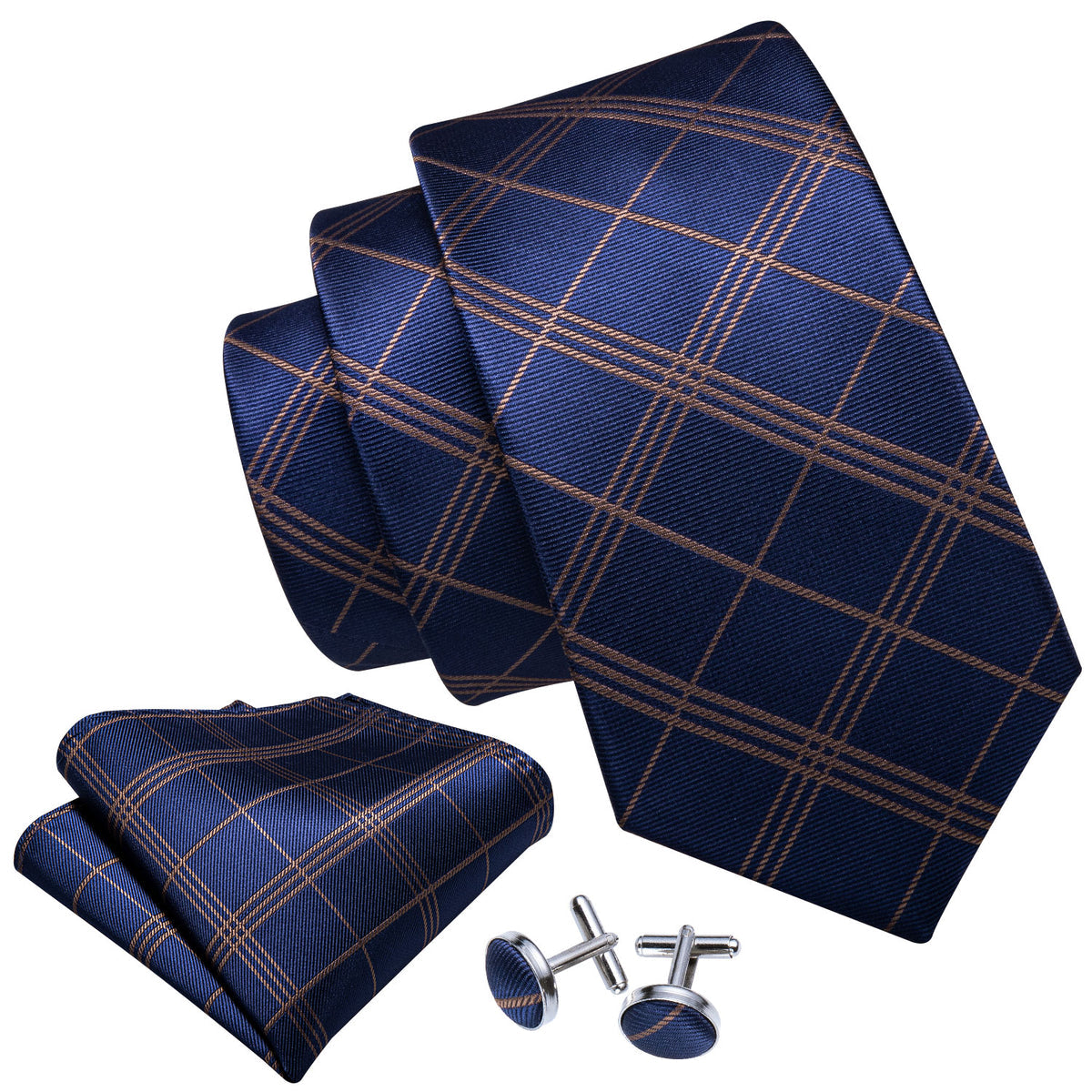 Deep Blue Gold Stripe Plaid Tie, Pocket Square and Cufflinks Set tie sets - Sophisticated Gentlemen