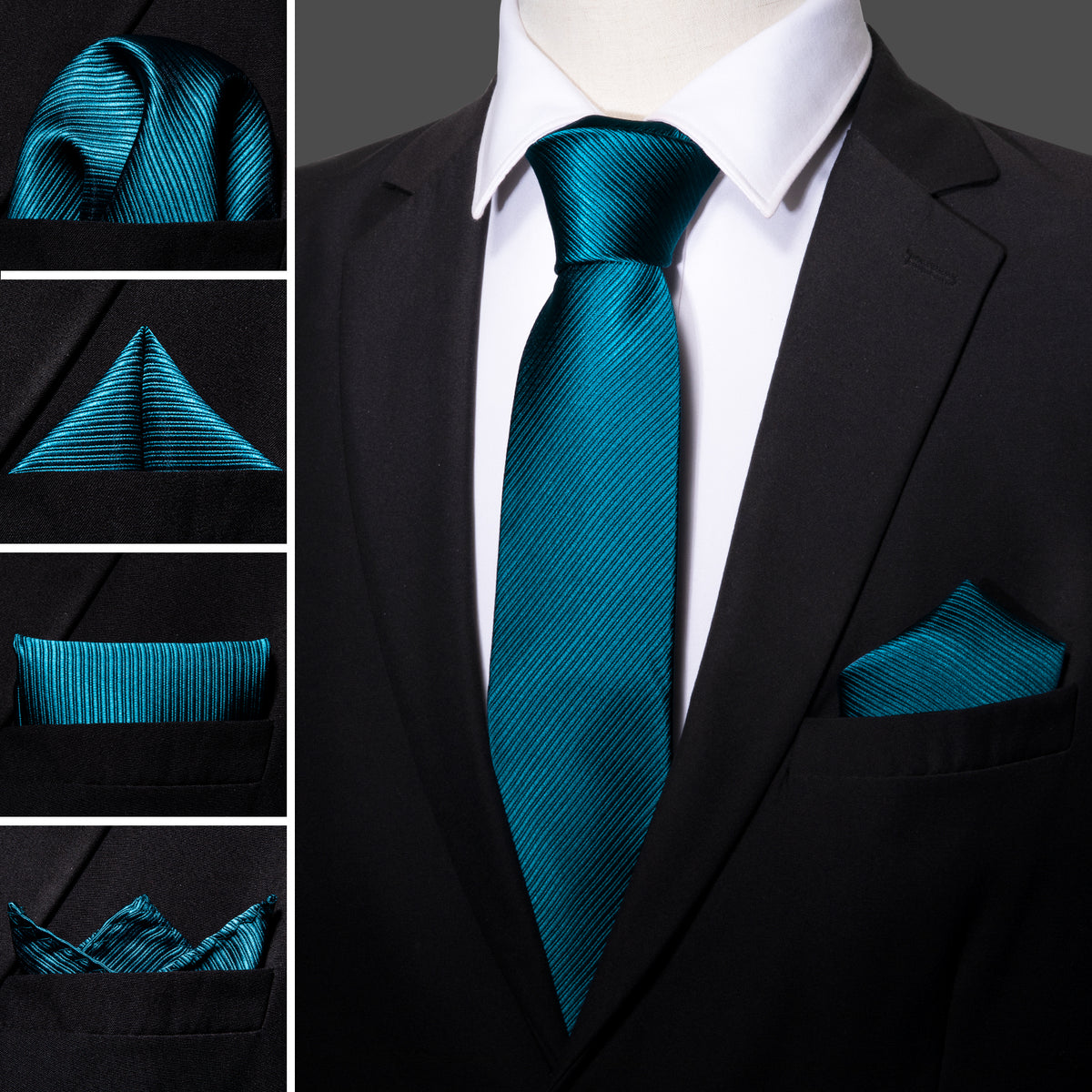 Teal Blue Solid Dark Blue Stripe Tie, Pocket Square and Cufflinks Set tie sets - Sophisticated Gentlemen
