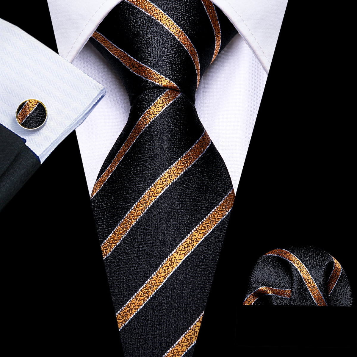Gold-Striped Black Tie Set with Pocket Square & Cufflinks tie sets Standard packaging - Sophisticated Gentlemen