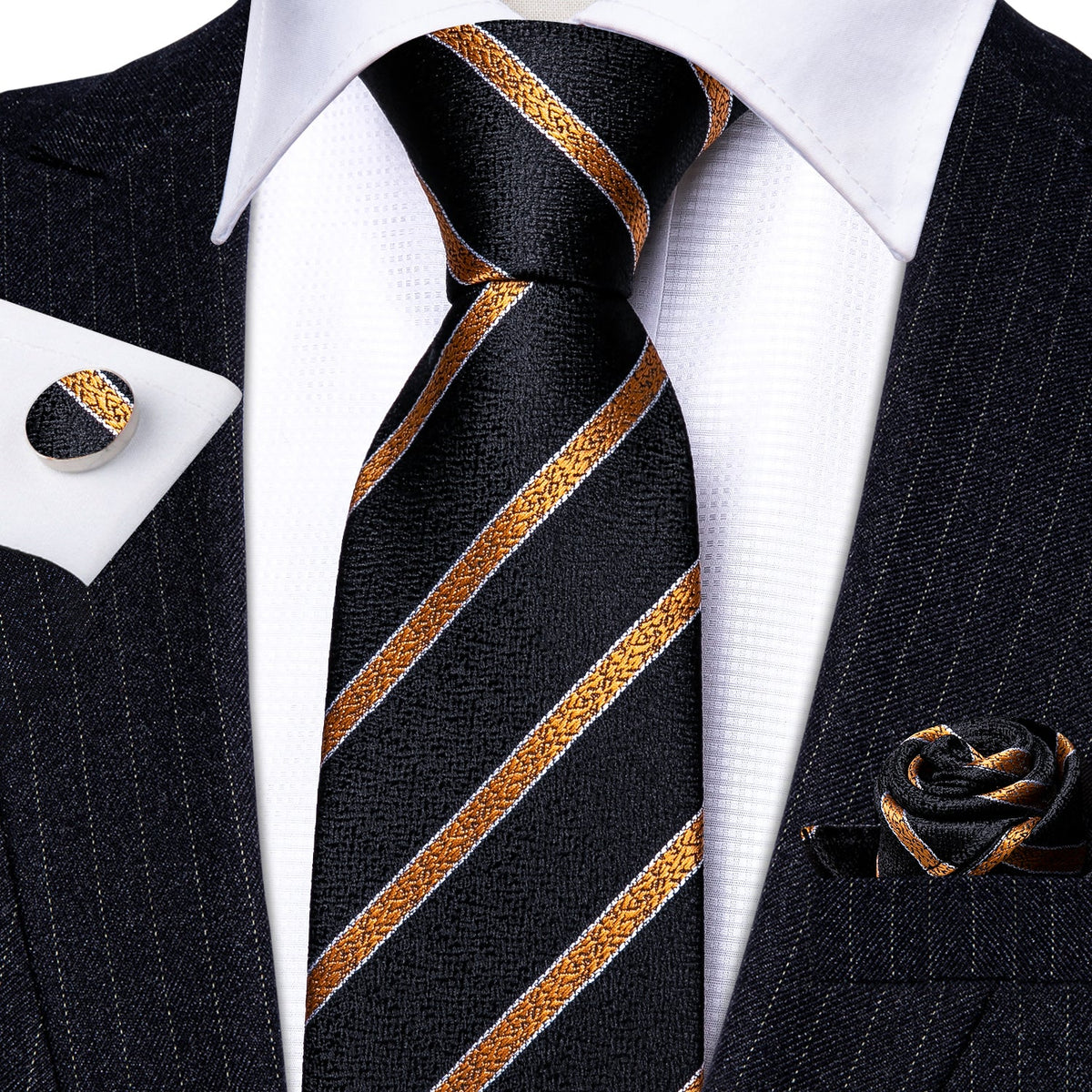 Gold-Striped Black Tie Set with Pocket Square & Cufflinks tie sets - Sophisticated Gentlemen