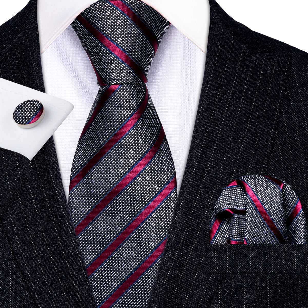 Gray Red Striped Silk Tie, Pocket Square and Cufflinks Set tie sets - Sophisticated Gentlemen