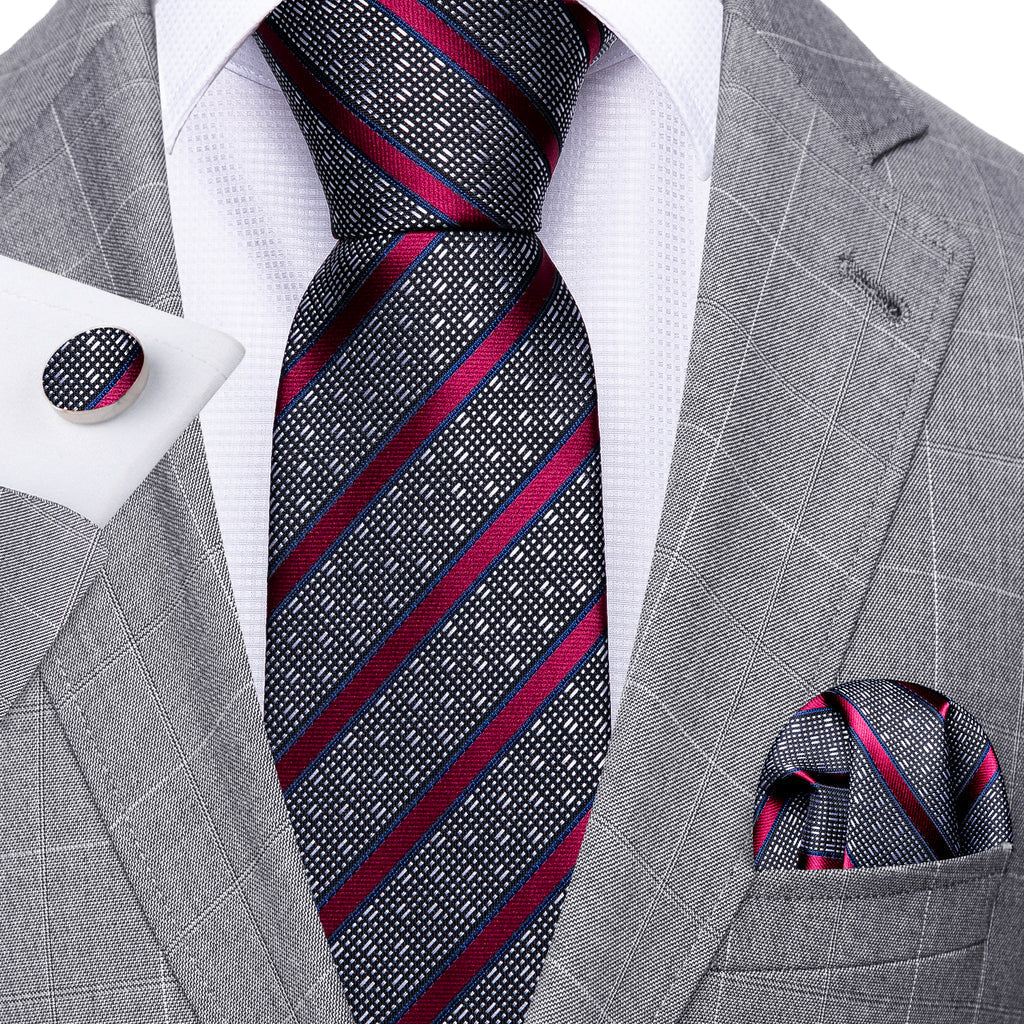 Gray Red Striped Silk Tie, Pocket Square and Cufflinks Set tie sets - Sophisticated Gentlemen