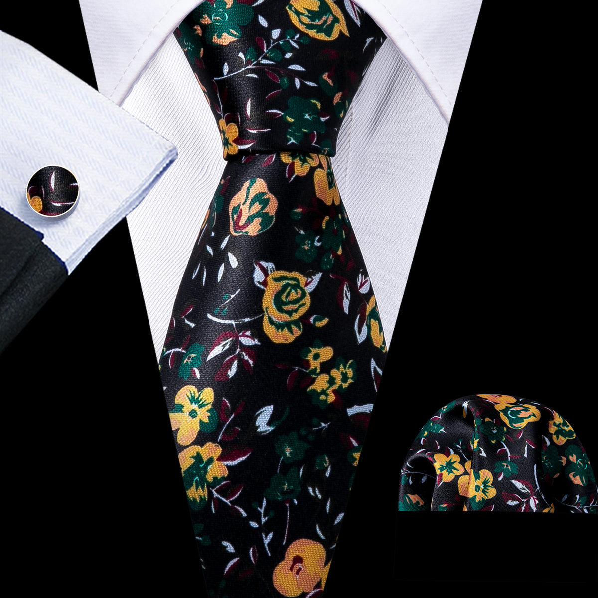 Black and Yellow Rose Floral Silk Tie, Pocket Square, and Cufflinks Set tie sets - Sophisticated Gentlemen