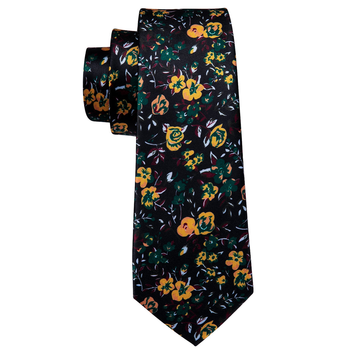 Black and Yellow Rose Floral Silk Tie, Pocket Square, and Cufflinks Set tie sets - Sophisticated Gentlemen