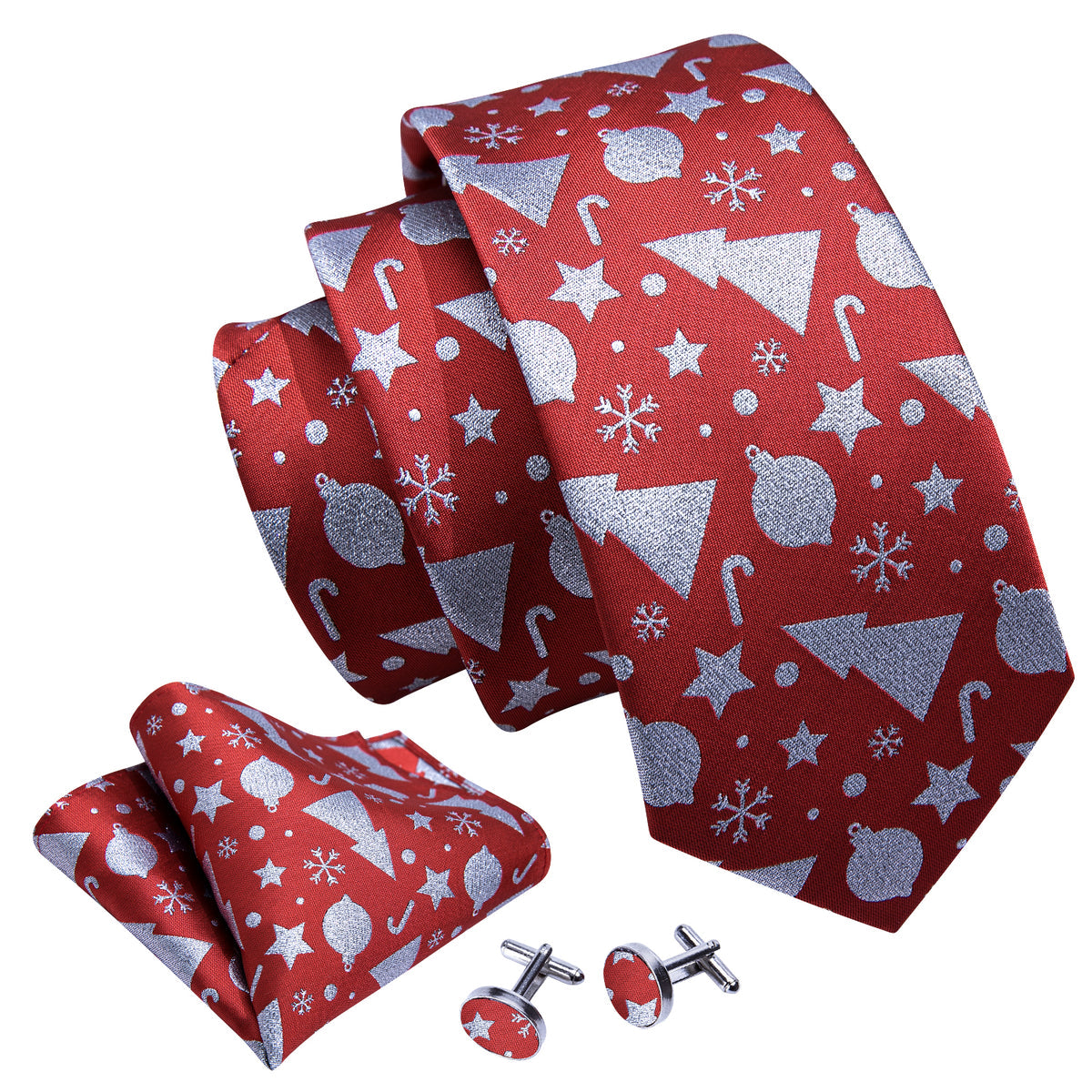 Red Christmas Silver Floral Silk Tie, Pocket Square and Cufflinks Set tie sets    - Sophisticated Gentlemen