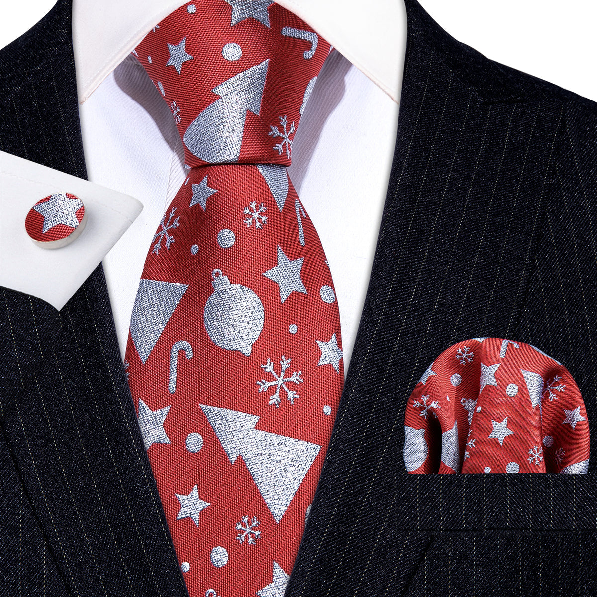 Red Christmas Silver Floral Silk Tie, Pocket Square and Cufflinks Set tie sets    - Sophisticated Gentlemen