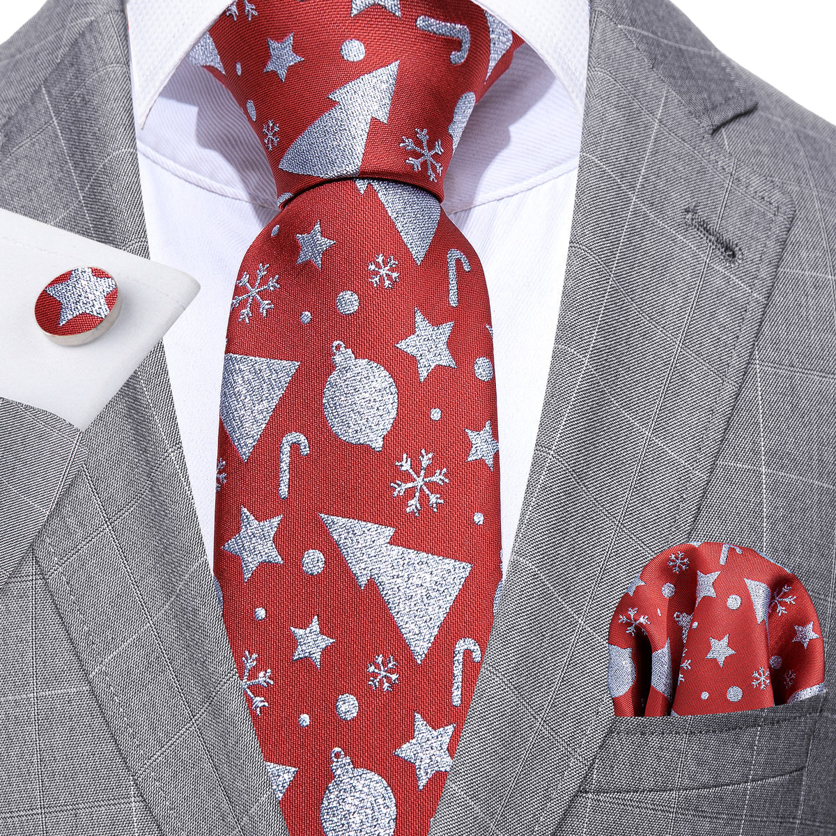 Red Christmas Silver Floral Silk Tie, Pocket Square and Cufflinks Set tie sets    - Sophisticated Gentlemen