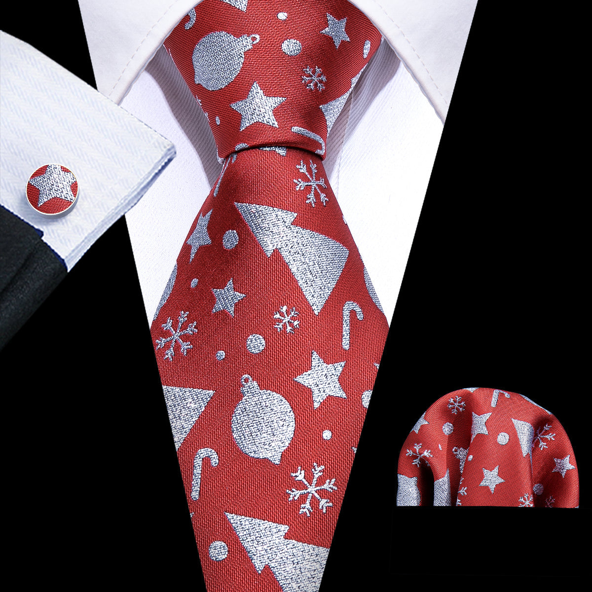 Red Christmas Silver Floral Silk Tie, Pocket Square and Cufflinks Set tie sets    - Sophisticated Gentlemen