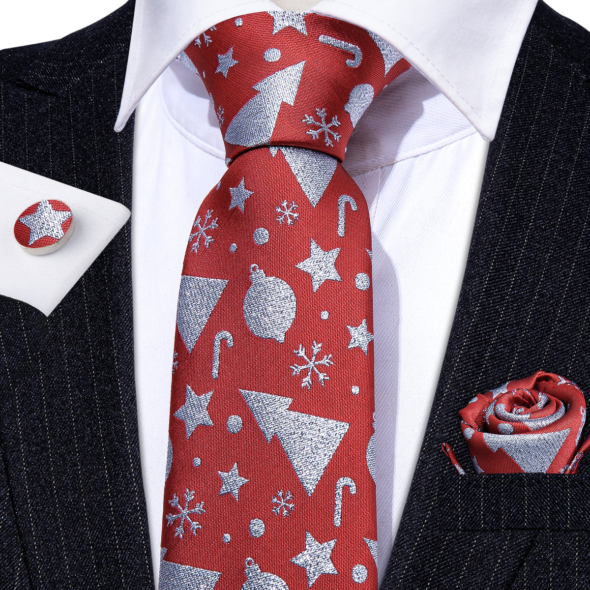 Red Christmas Silver Floral Silk Tie, Pocket Square and Cufflinks Set tie sets    - Sophisticated Gentlemen