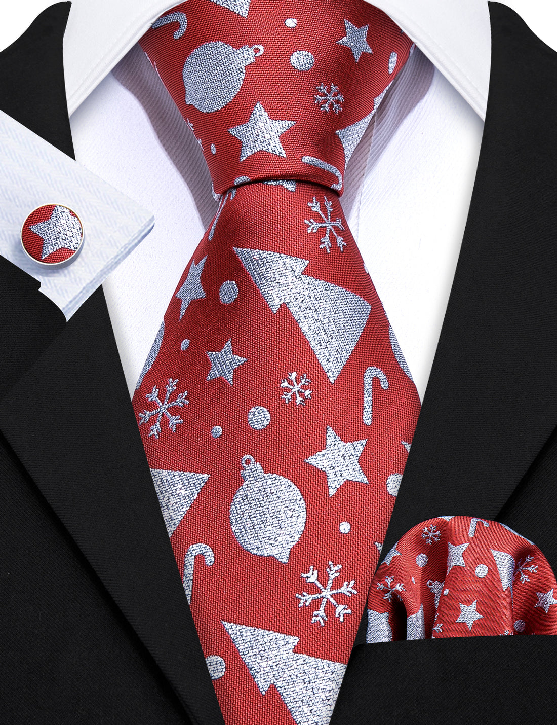 Red Christmas Silver Floral Silk Tie, Pocket Square and Cufflinks Set tie sets - Sophisticated Gentlemen