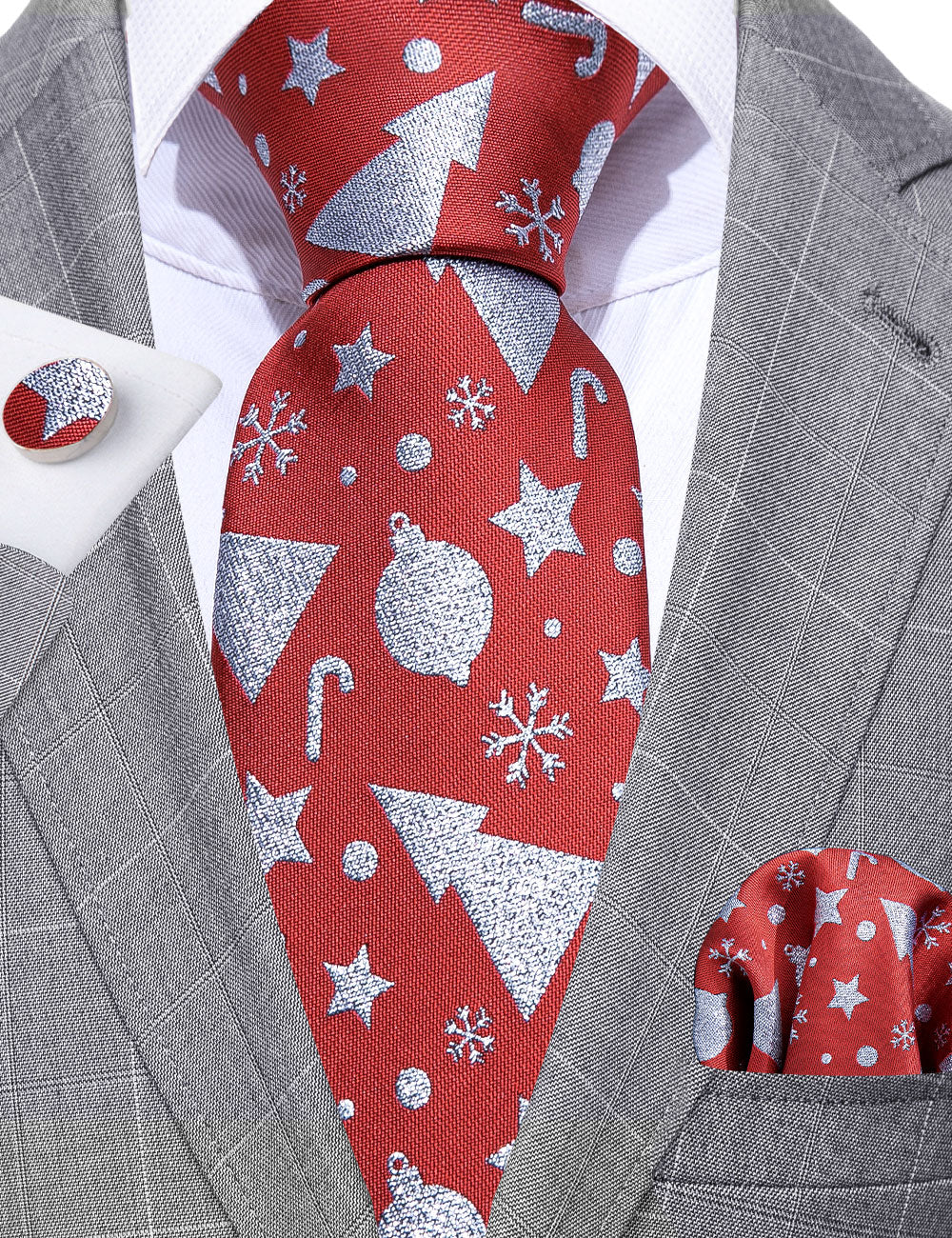 Red Christmas Silver Floral Silk Tie, Pocket Square and Cufflinks Set tie sets - Sophisticated Gentlemen