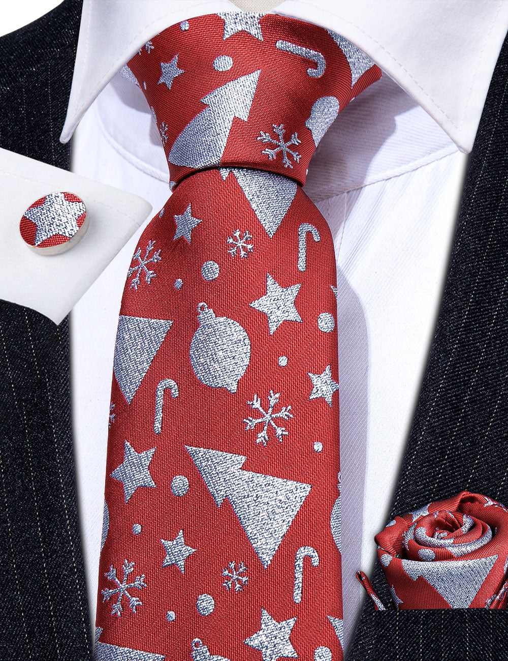 Red Christmas Silver Floral Silk Tie, Pocket Square and Cufflinks Set tie sets    - Sophisticated Gentlemen
