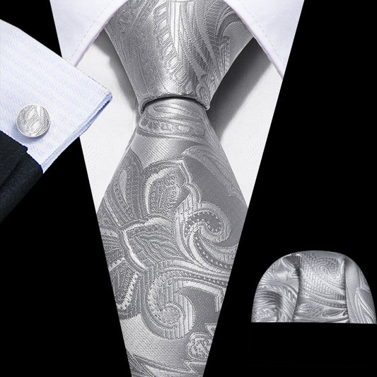 Silver Paisley Silk Tie, Pocket Square and Cufflinks Set tie sets    - Sophisticated Gentlemen