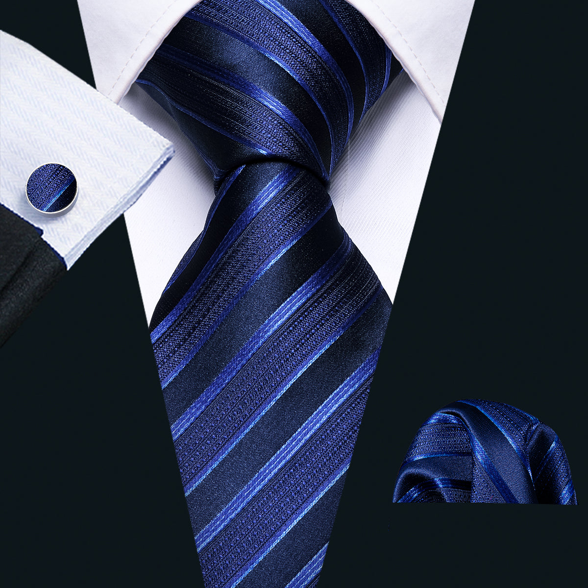 Blue Classy Striped Tie, Pocket Square and Cufflinks Set tie sets - Sophisticated Gentlemen
