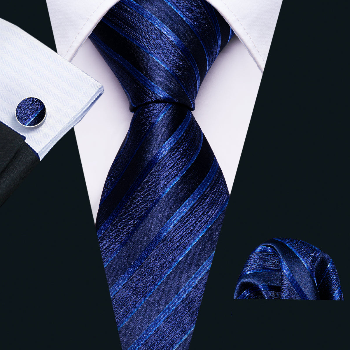 Blue Classy Striped Tie, Pocket Square and Cufflinks Set tie sets - Sophisticated Gentlemen