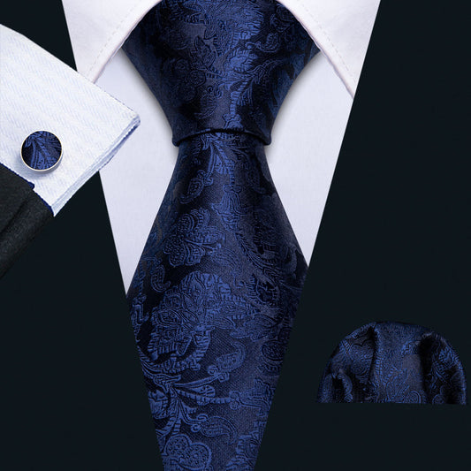 Navy Blue Floral XL Tie, Pocket Square and Cufflinks tie sets    - Sophisticated Gentlemen