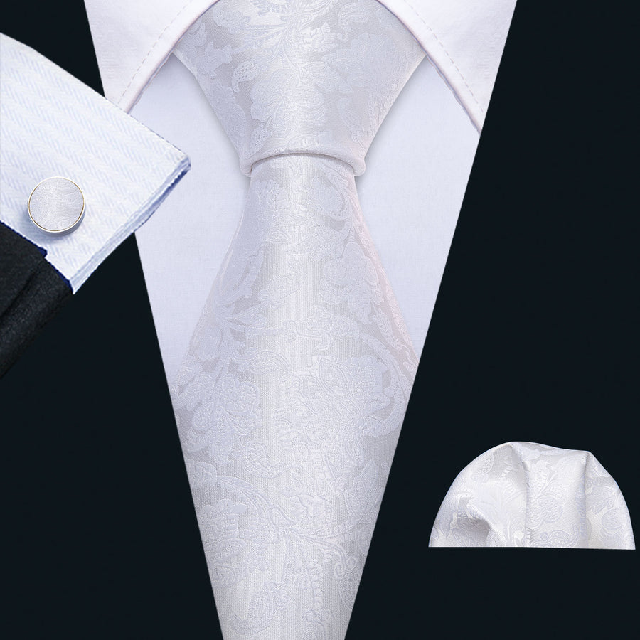White Floral Silk XL Tie, Pocket Square and Cufflinks tie sets - Sophisticated Gentlemen