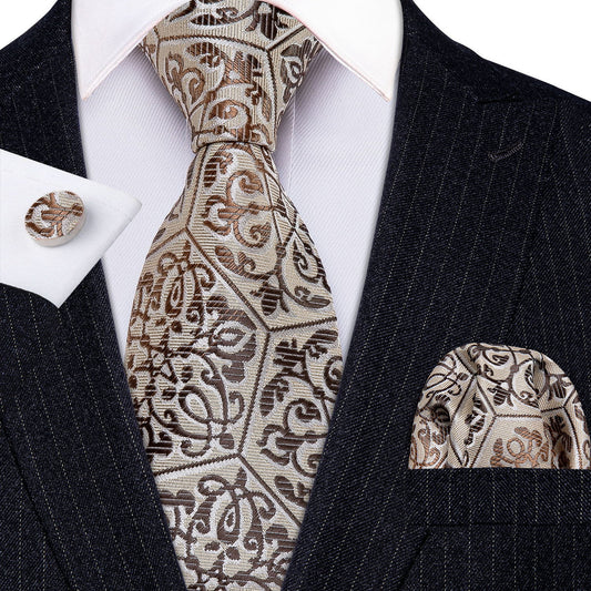 Golden Champagne Floral Silk Tie, Pocket Square and Cufflinks Set tie sets    - Sophisticated Gentlemen