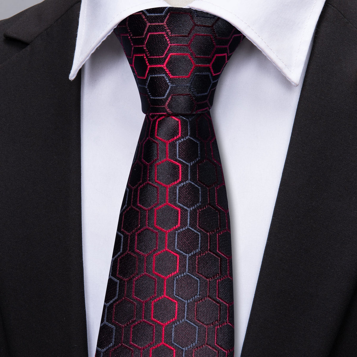 Black Red Geometric Plaid Silk Tie, Pocket Square and Cufflinks Set tie sets - Sophisticated Gentlemen