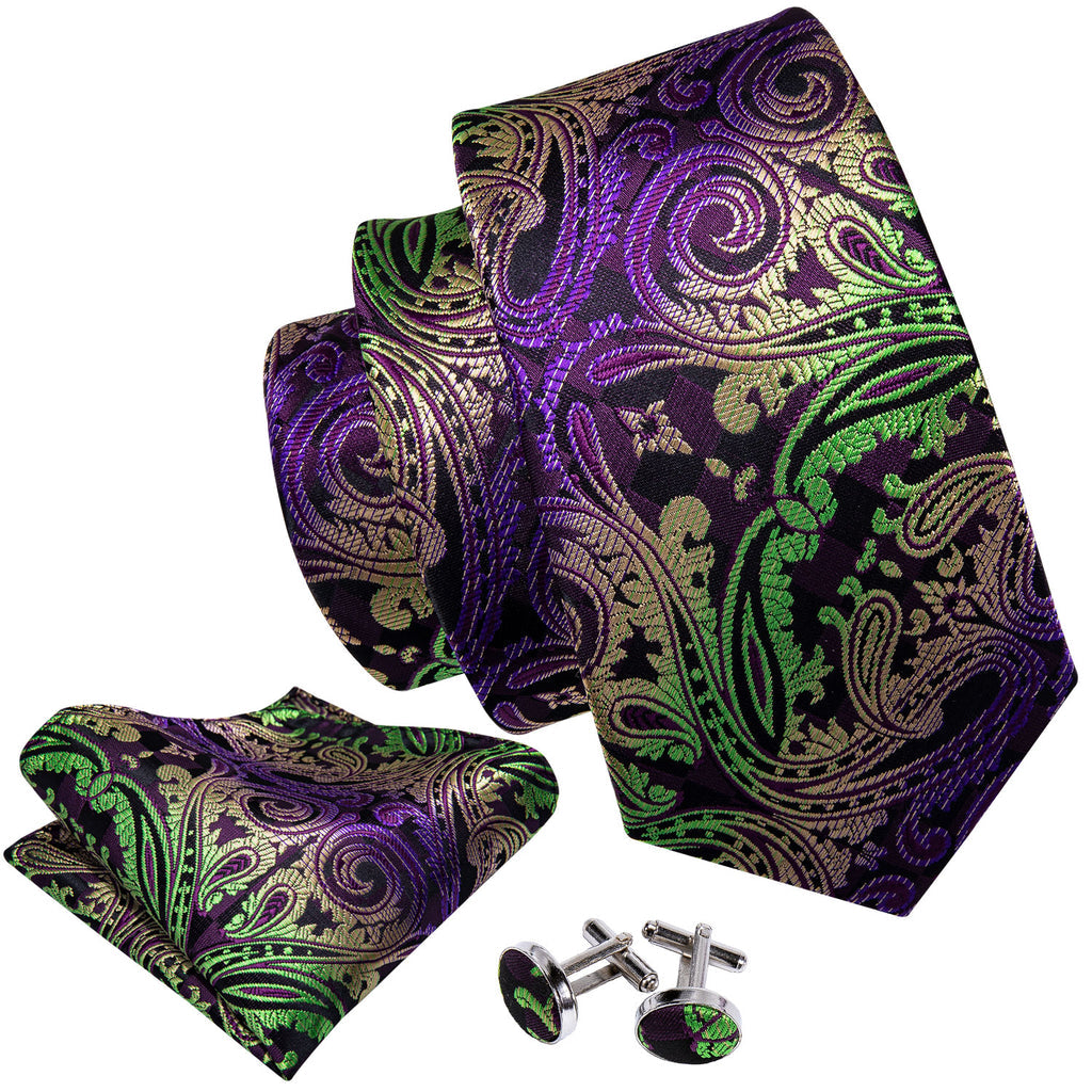 Green Purple Black Paisley Silk Tie, Pocket Square and Cufflinks Set tie sets - Sophisticated Gentlemen