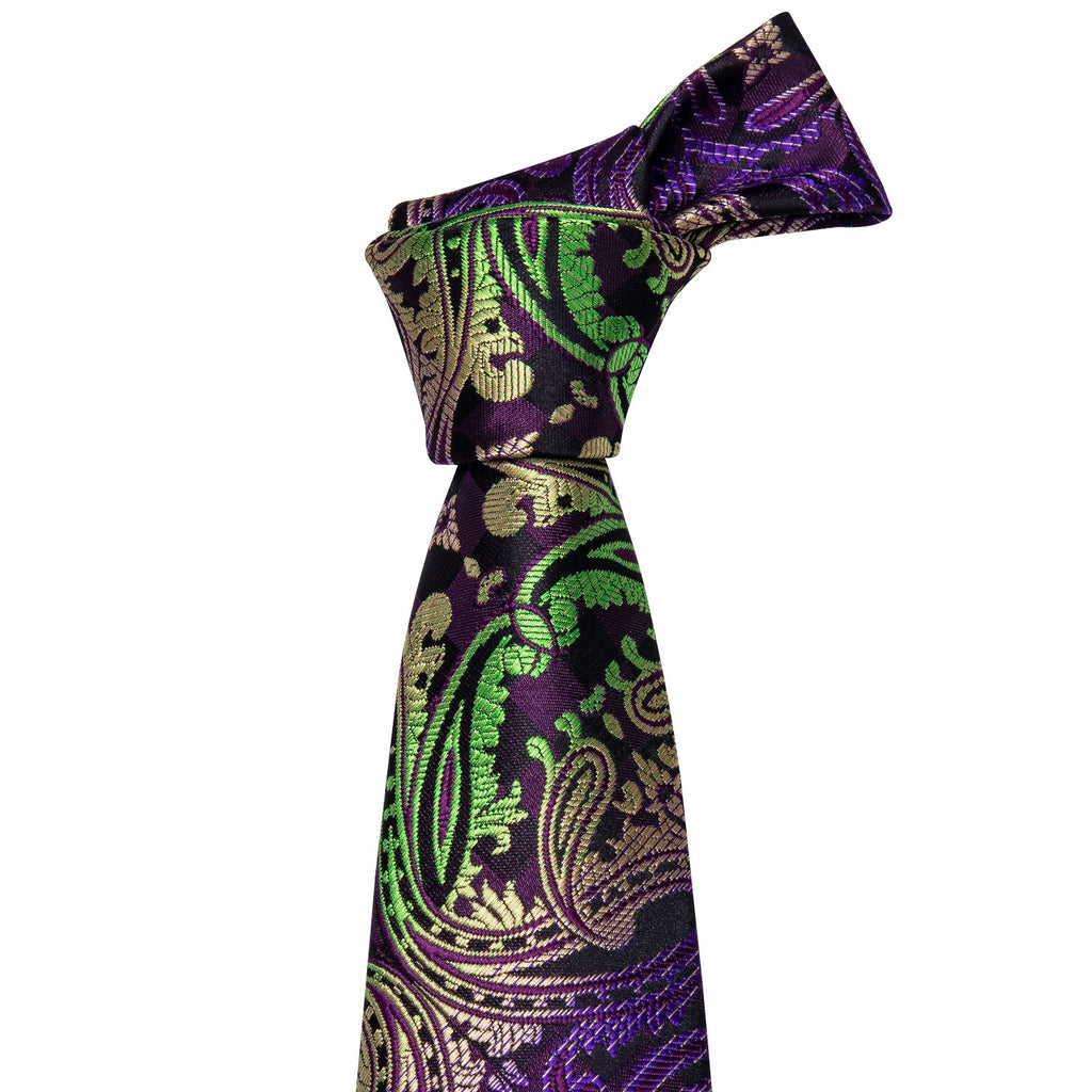 Green Purple Black Paisley Silk Tie, Pocket Square and Cufflinks Set tie sets - Sophisticated Gentlemen