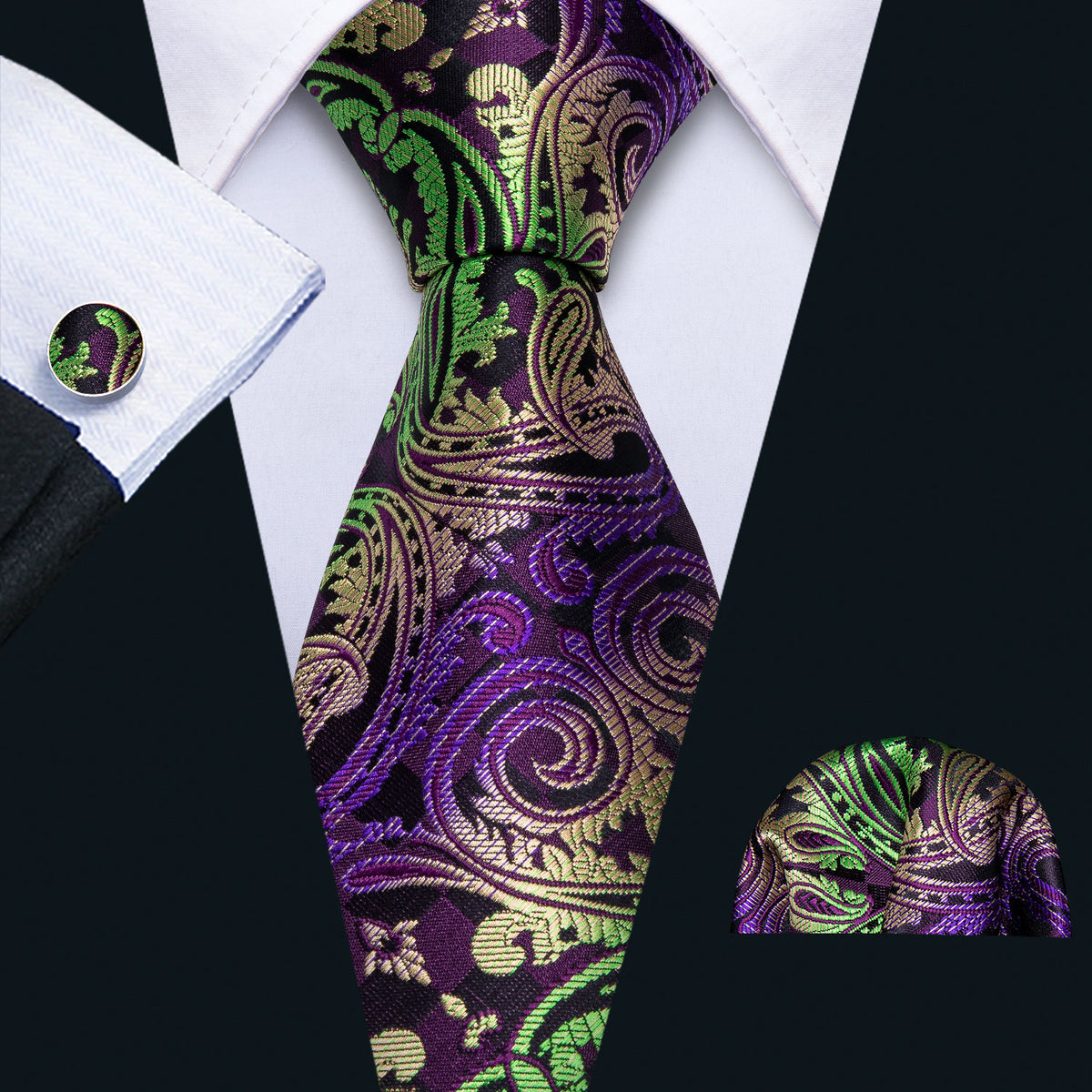Green Purple Black Paisley Silk Tie, Pocket Square and Cufflinks Set tie sets - Sophisticated Gentlemen