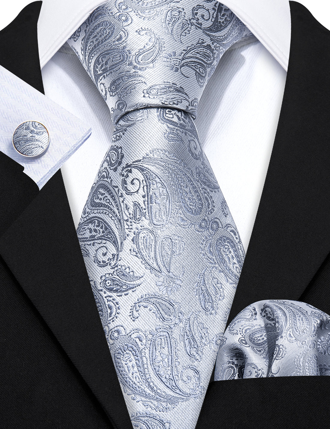 Silver Paisley Tie, Pocket Square and Cufflinks Set tie sets - Sophisticated Gentlemen