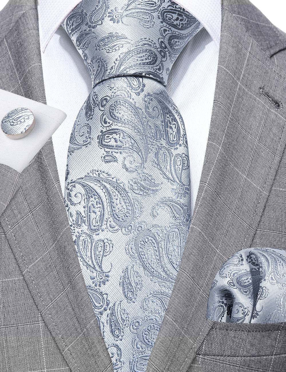 Silver Paisley Tie, Pocket Square and Cufflinks Set tie sets - Sophisticated Gentlemen
