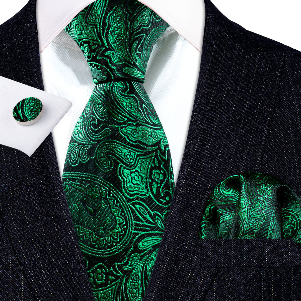 Dark Green Paisley Silk Tie, Pocket Square and Cufflinks Set tie sets - Sophisticated Gentlemen