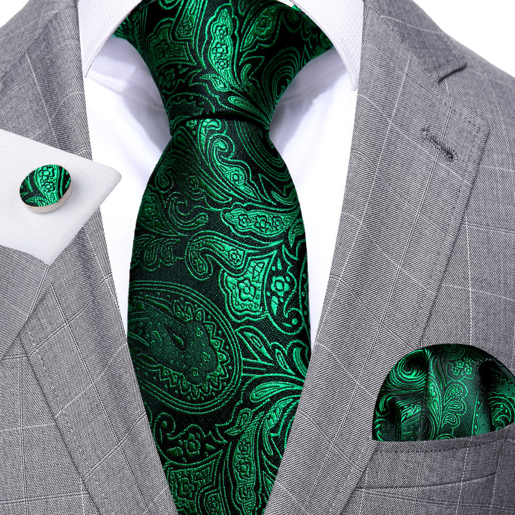 Dark Green Paisley Silk Tie, Pocket Square and Cufflinks Set tie sets - Sophisticated Gentlemen