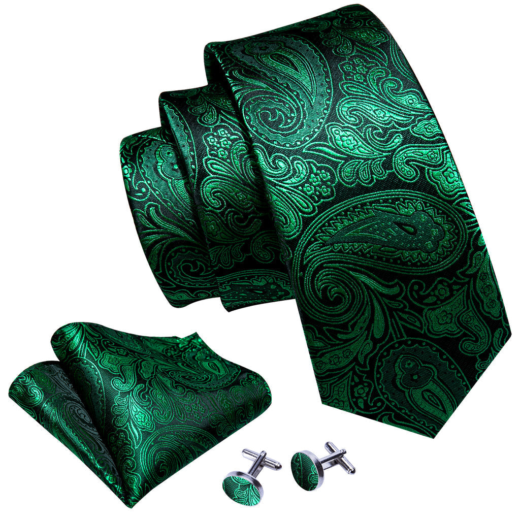 Dark Green Paisley Silk Tie, Pocket Square and Cufflinks Set tie sets - Sophisticated Gentlemen