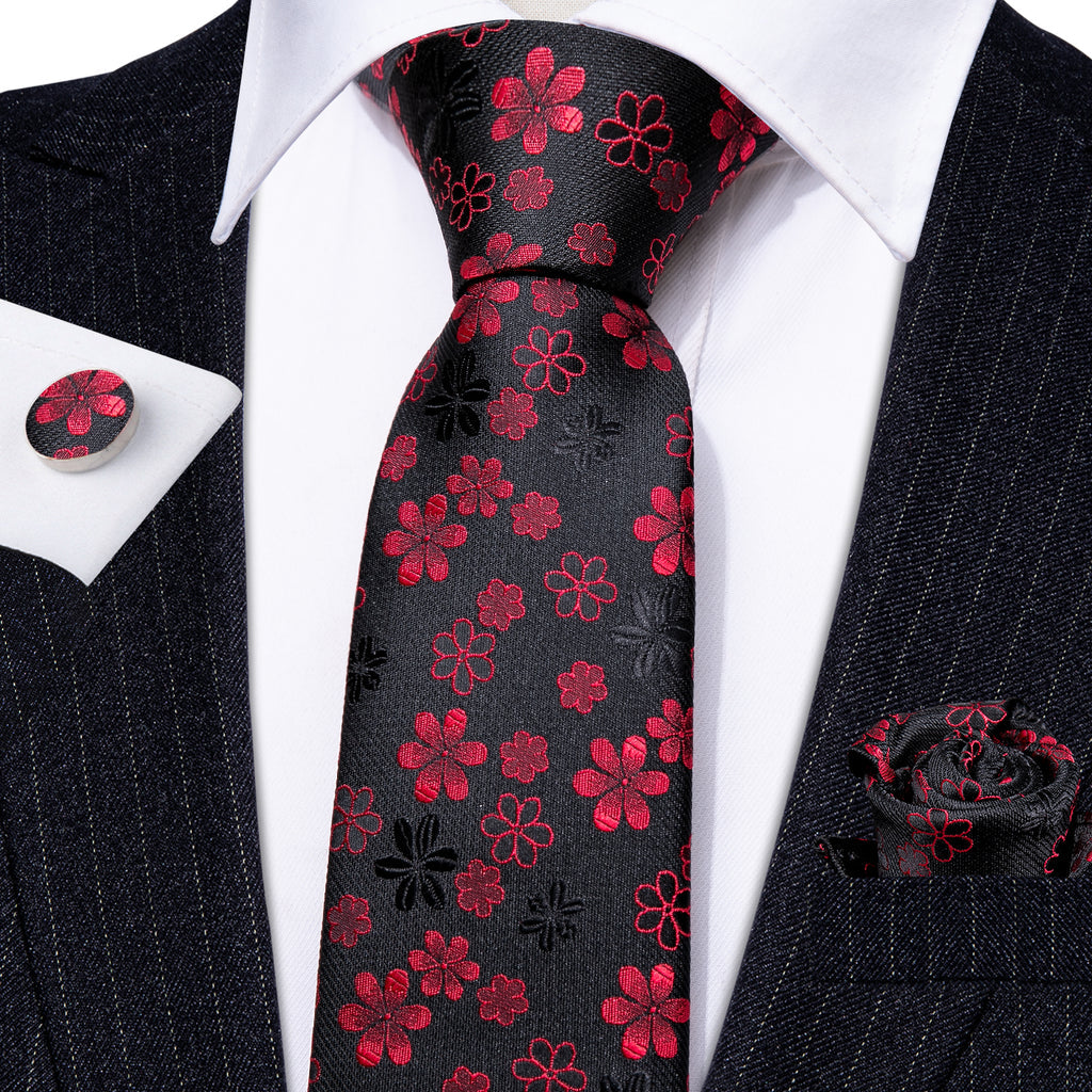 Black Red Flower Silk Tie, Pocket Square and Cufflinks Set tie sets - Sophisticated Gentlemen